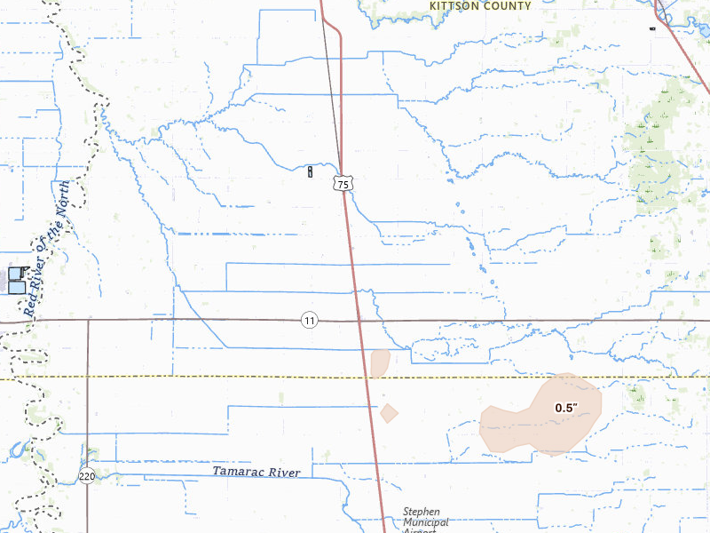 Radar-estimated hail-size map of the storm over Kennedy, MN on Aug 24, 2026