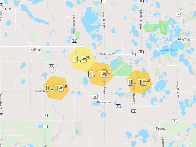 Hail map of Kensington, MN on Jun 30, 2026, hail up to 0.75"