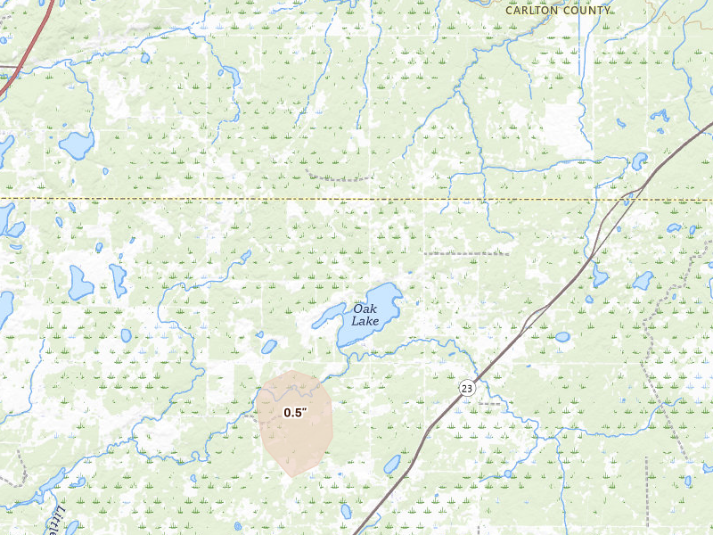 Radar-estimated hail-size map of the storm over Kerrick, MN on Jun 9, 2026