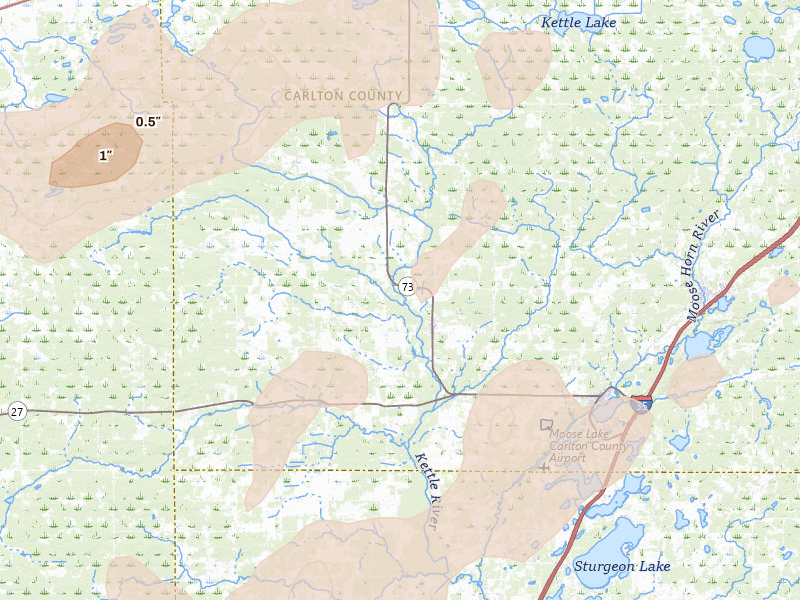 Radar-estimated hail-size map of the storm over Kettle River, MN on Jun 10, 2026