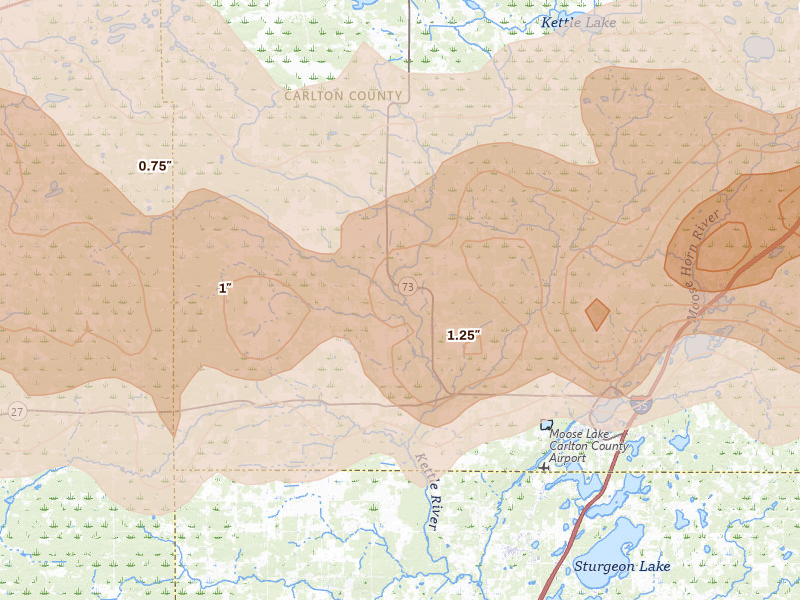Radar-estimated hail-size map of the storm over Kettle River, MN on Jun 29, 2026