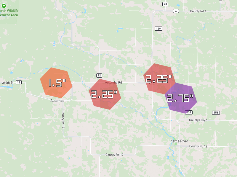 Hail map of Kettle River, MN on Jun 29, 2026, hail up to 2.75"