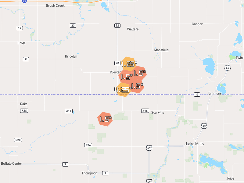 Hail map of Kiester, MN on Jul 1, 2026, hail up to 1.5"