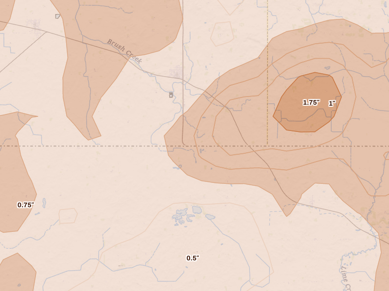 Radar-estimated hail-size map of the storm over Kiester, MN on Aug 7, 2026