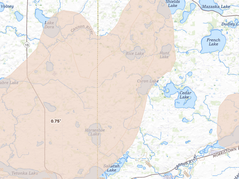 Radar-estimated hail-size map of the storm over Kilkenny, MN on Apr 17, 2026