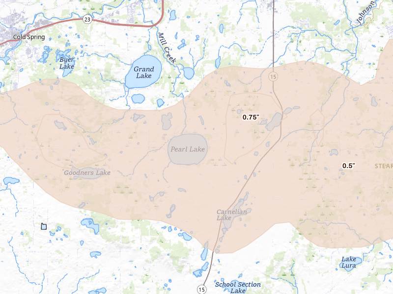 Radar-estimated hail-size map of the storm over Kimball, MN on Jul 25, 2026