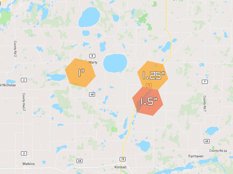 Hail map of Kimball, MN on Jul 26, 2026, hail up to 1.5"