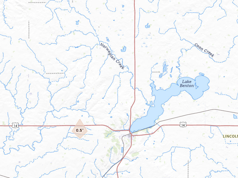 Radar-estimated hail-size map of the storm over Lake Benton, MN on Jun 3, 2026
