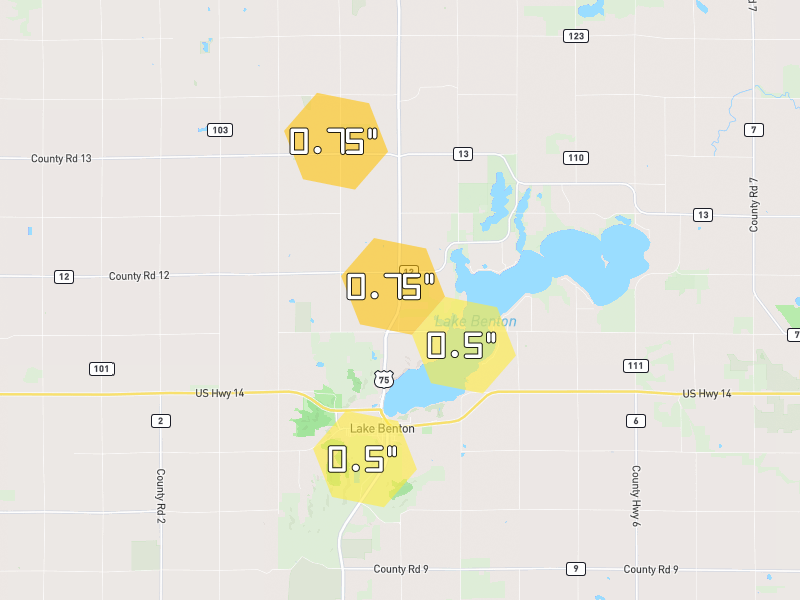 Hail map of Lake Benton, MN on Jun 30, 2026, hail up to 0.75"