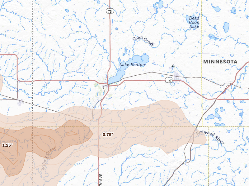 Radar-estimated hail-size map of the storm over Lake Benton, MN on Jul 2, 2026
