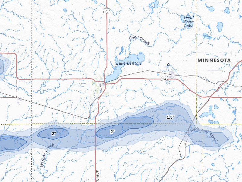 NEXRAD radar-signature map of the hail over Lake Benton, MN