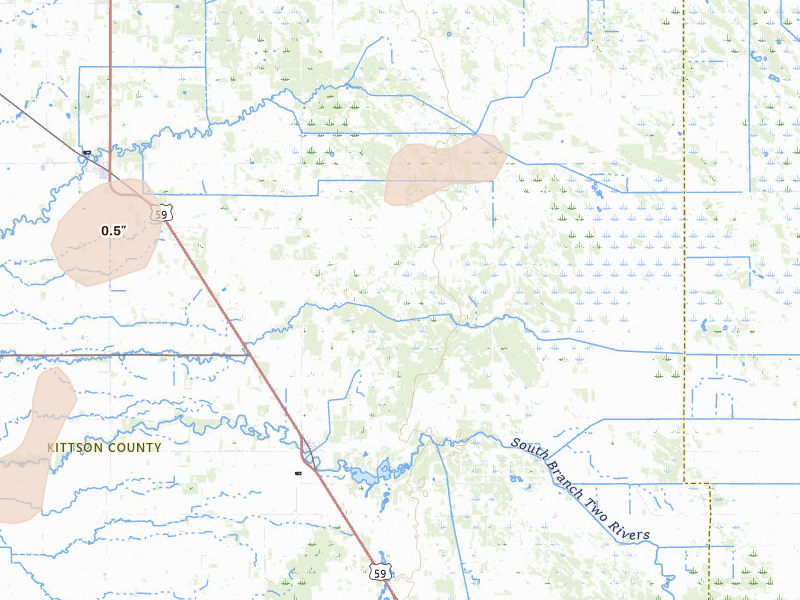 Radar-estimated hail-size map of the storm over Lake Bronson, MN on Jun 29, 2026