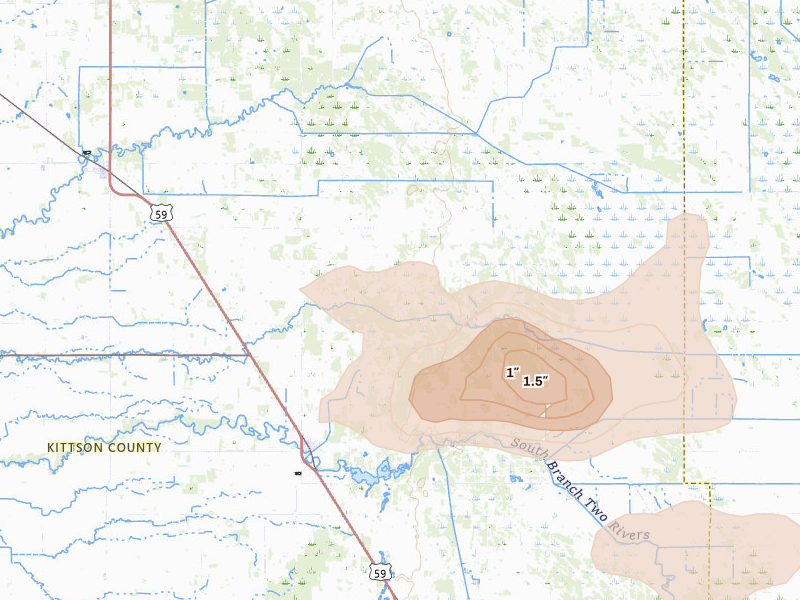 Radar-estimated hail-size map of the storm over Lake Bronson, MN on Jul 6, 2026