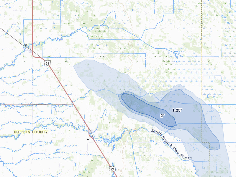 NEXRAD radar-signature map of the hail storm over Lake Bronson, MN on Jul 6, 2026