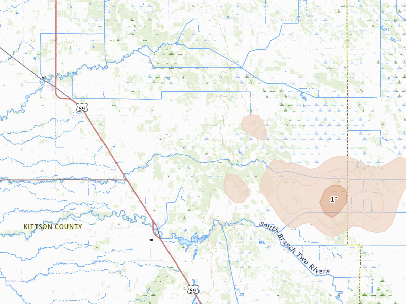 Radar-estimated hail-size map of the storm over Lake Bronson, MN on Jul 16, 2026
