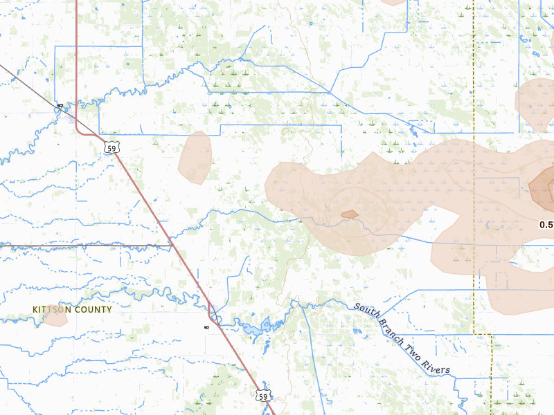 Radar-estimated hail-size map of the storm over Lake Bronson, MN on Jul 24, 2026