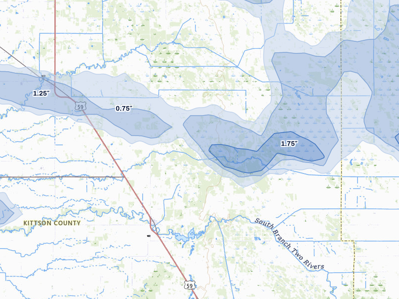 NEXRAD radar-signature map of the hail storm over Lake Bronson, MN on Jul 24, 2026