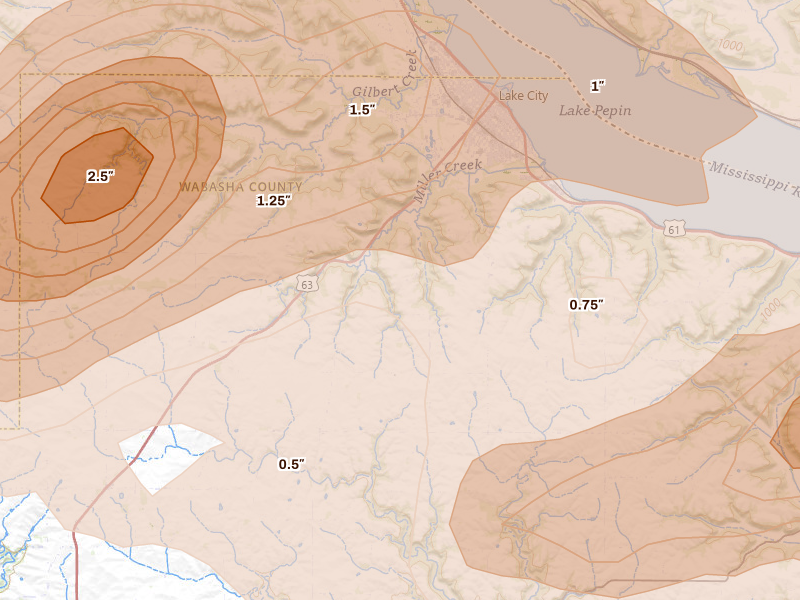 Radar-estimated hail-size map of the storm over Lake City, MN on Apr 13, 2026
