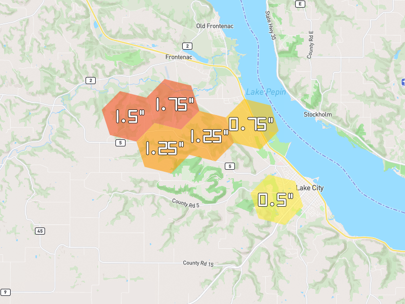 Hail map of Lake City, MN on Jun 6, 2026, hail up to 1.75"