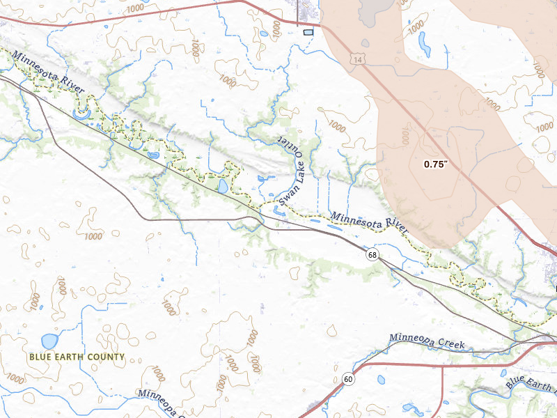 Radar-estimated hail-size map of the storm over Lake Crystal, MN on Apr 17, 2026