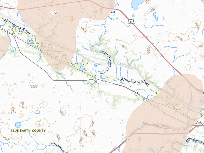 Radar-estimated hail-size map of the storm over Lake Crystal, MN on Jun 9, 2026