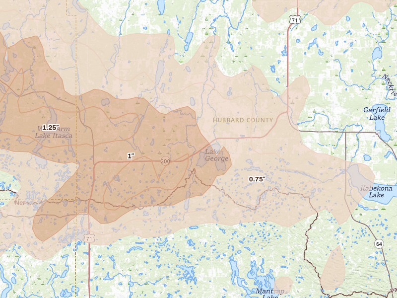 Radar-estimated hail-size map of the storm over Lake George, MN on Aug 6, 2026