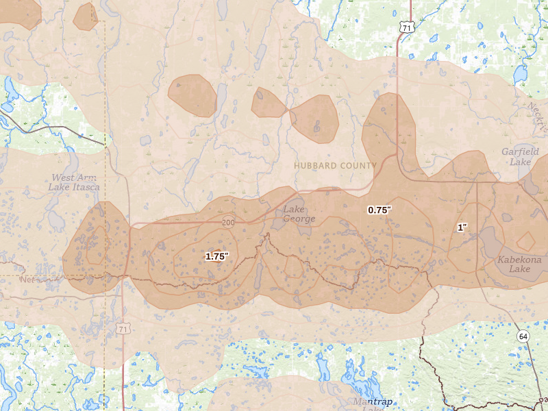 Radar-estimated hail-size map of the storm over Lake George, MN on Sep 3, 2026