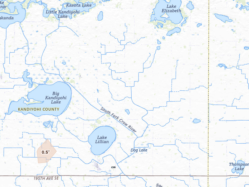 Radar-estimated hail-size map of the storm over Lake Lillian, MN on Jun 9, 2026