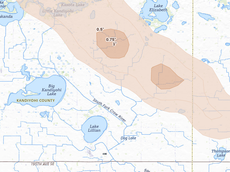 Radar-estimated hail-size map of the storm over Lake Lillian, MN on Jun 23, 2026