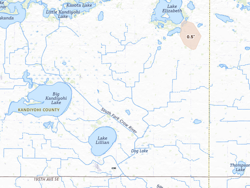 Radar-estimated hail-size map of the storm over Lake Lillian, MN on Jul 19, 2026