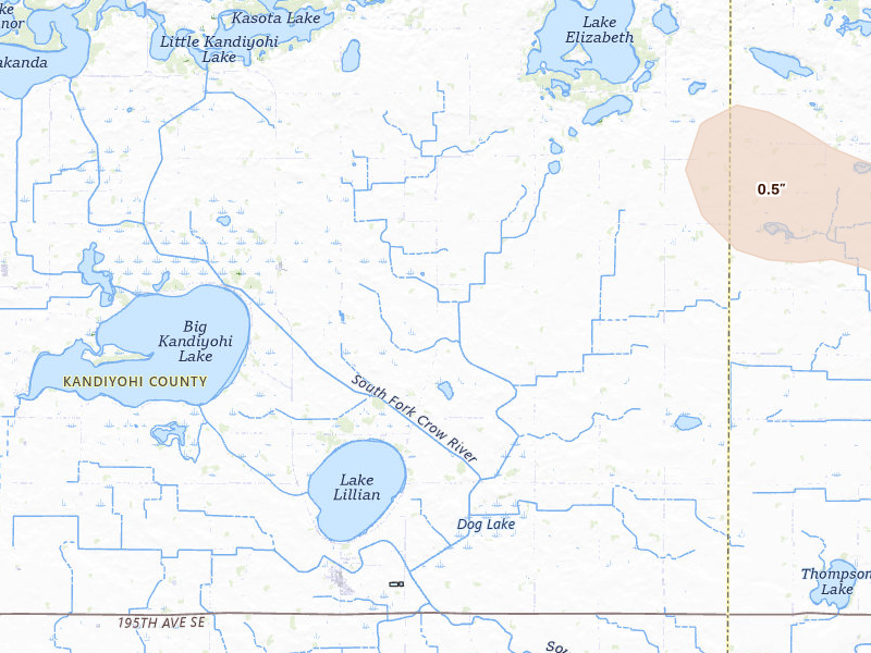 Radar-estimated hail-size map of the storm over Lake Lillian, MN on Jul 25, 2026