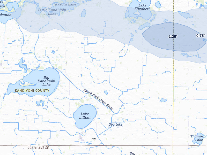 NEXRAD radar-signature map of the hail storm over Lake Lillian, MN on Jul 25, 2026