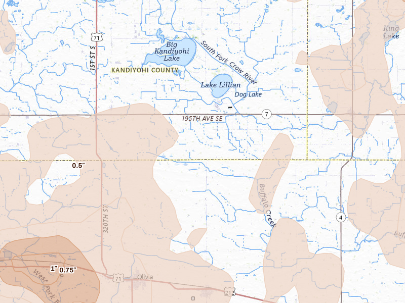Radar-estimated hail-size map of the storm over Lake Lillian, MN on Aug 7, 2026