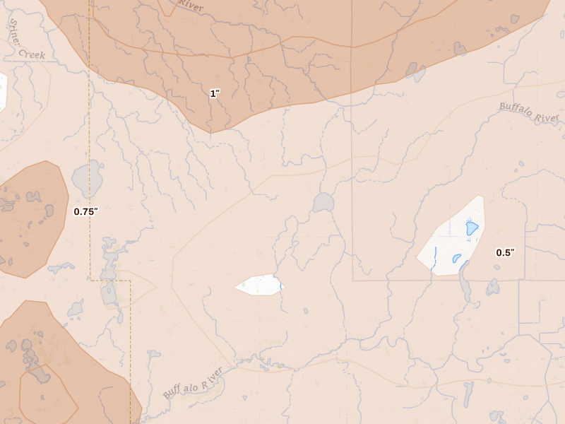 Radar-estimated hail-size map of the storm over Lake Park, MN on Jul 6, 2026