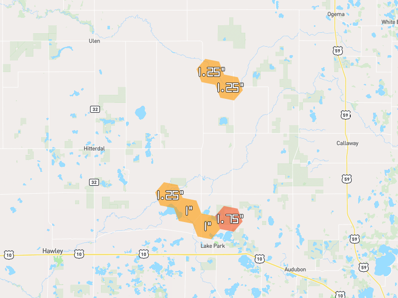 Hail map of Lake Park, MN on Jul 7, 2026, hail up to 1.75"