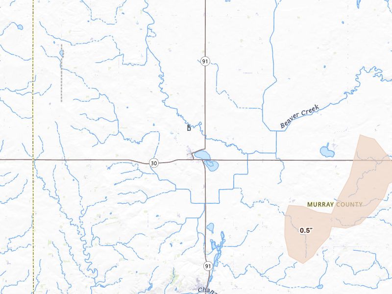 Radar-estimated hail-size map of the storm over Lake Wilson, MN on Jun 29, 2026