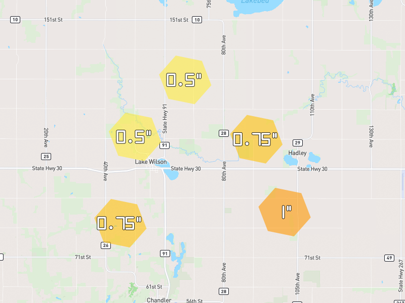 Hail map of Lake Wilson, MN on Jun 30, 2026, hail up to 1"
