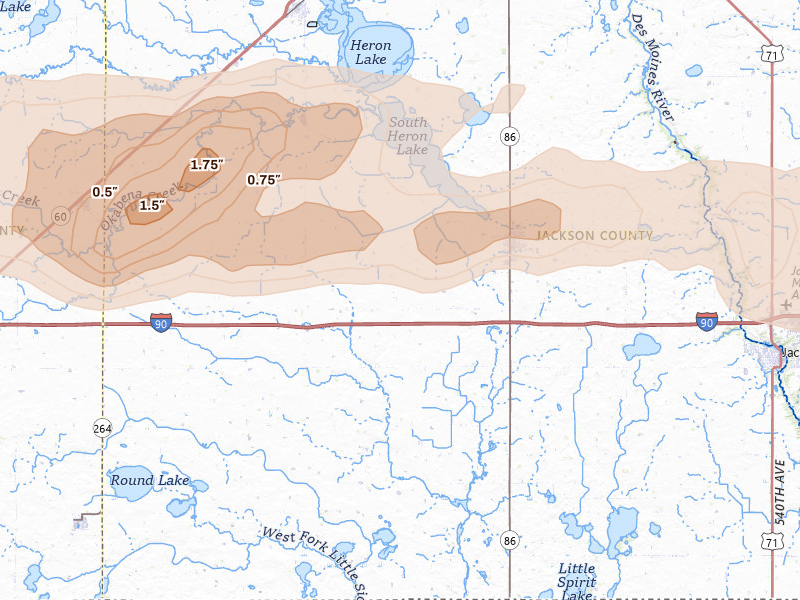 Radar-estimated hail-size map of the storm over Lakefield, MN on Apr 13, 2026