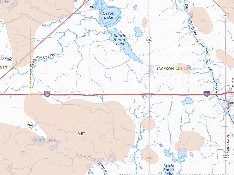 Radar-estimated hail-size map of the storm over Lakefield, MN on Jun 27, 2026