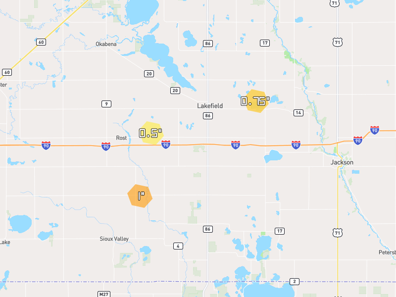 Hail map of Lakefield, MN on Jun 28, 2026, hail up to 1"