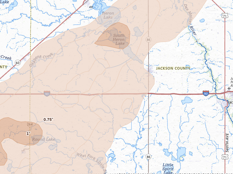 Radar-estimated hail-size map of the storm over Lakefield, MN on Jun 29, 2026