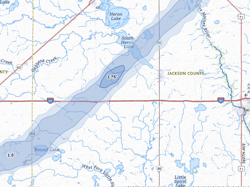 NEXRAD radar-signature map of the hail storm over Lakefield, MN on Jun 29, 2026