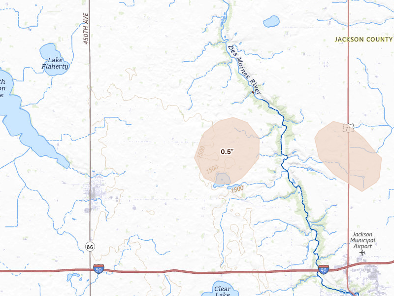 Radar-estimated hail-size map of the storm over Lakefield, MN on Aug 28, 2026