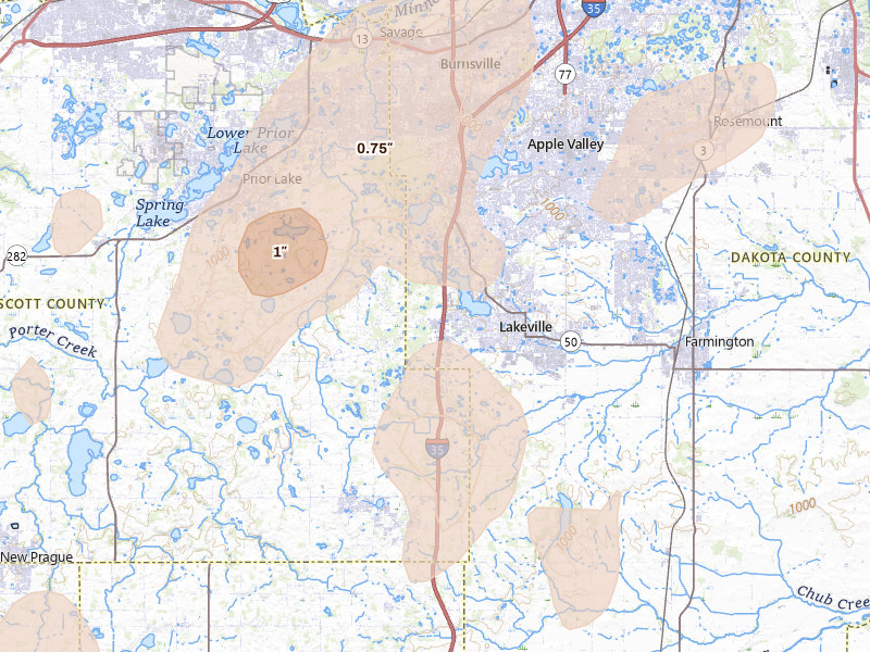Radar-estimated hail-size map of the storm over Lakeville, MN on Jun 9, 2026
