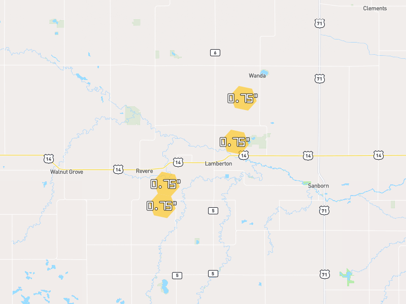 Hail map of Lamberton, MN on Jun 28, 2026, hail up to 0.75"