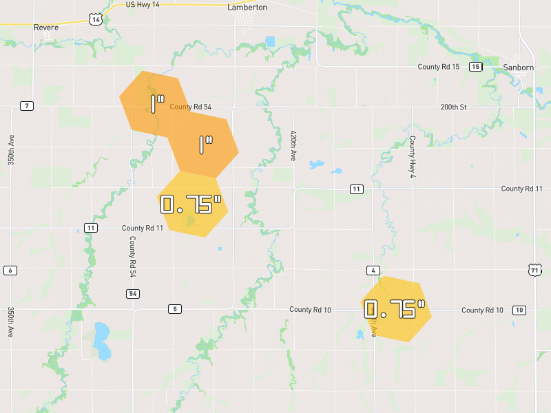 Hail map of Lamberton, MN on Jul 2, 2026, hail up to 1"