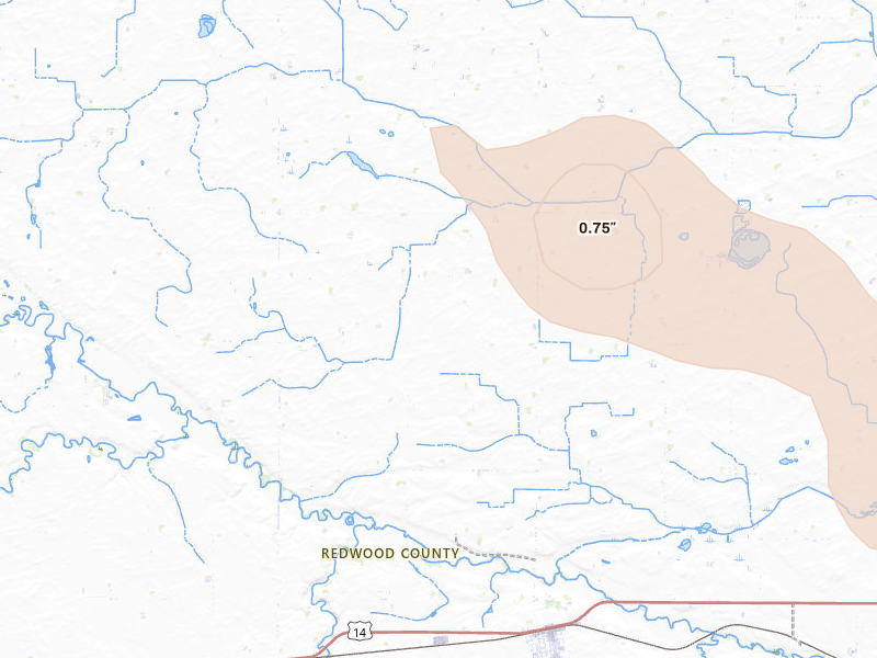 Radar-estimated hail-size map of the storm over Lamberton, MN on Jul 19, 2026