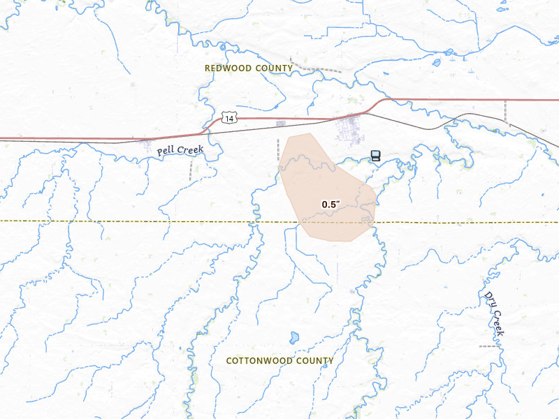 Radar-estimated hail-size map of the storm over Lamberton, MN on Aug 7, 2026