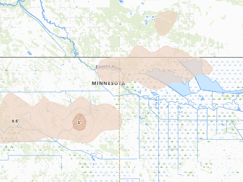 Radar-estimated hail-size map of the storm over Lancaster, MN on Jun 28, 2026