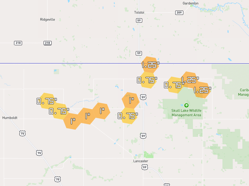 Hail map of Lancaster, MN on Jun 29, 2026, hail up to 1.25"